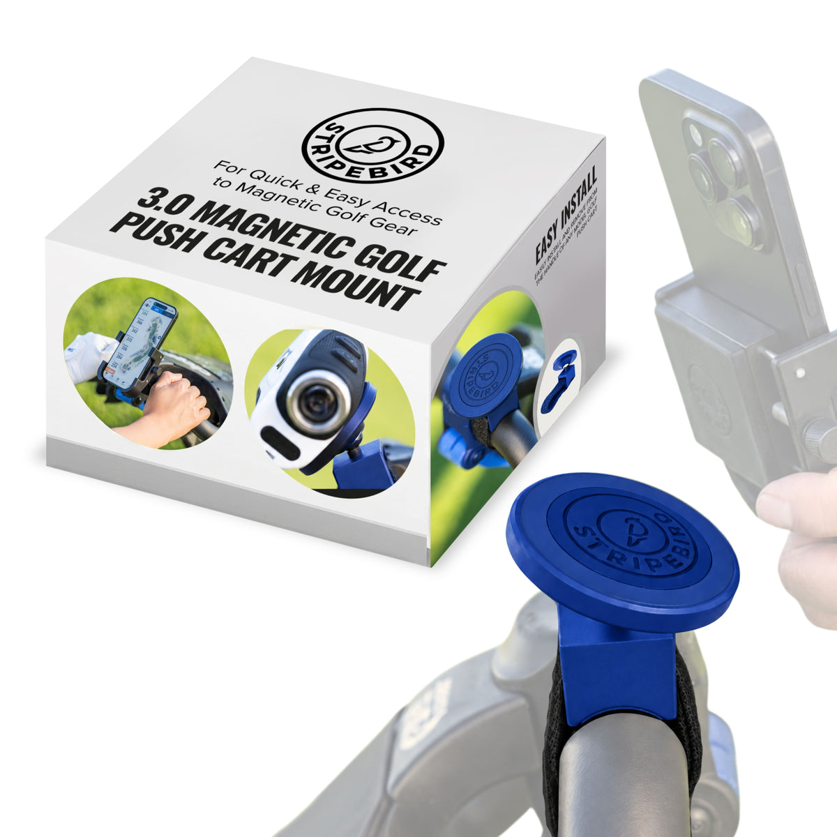 3.0 Magnetic Push Cart Mount in blue with retail box, strapped to a push cart handle holding a phone