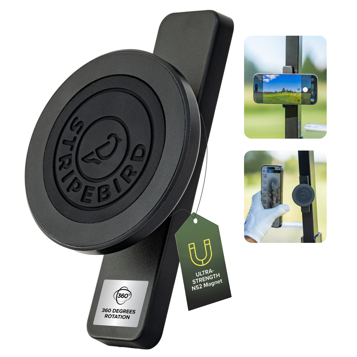 SLIM Magnetic Phone Holder in black, front view with N52 magnet tag, with phone mounted on a golf cart frame