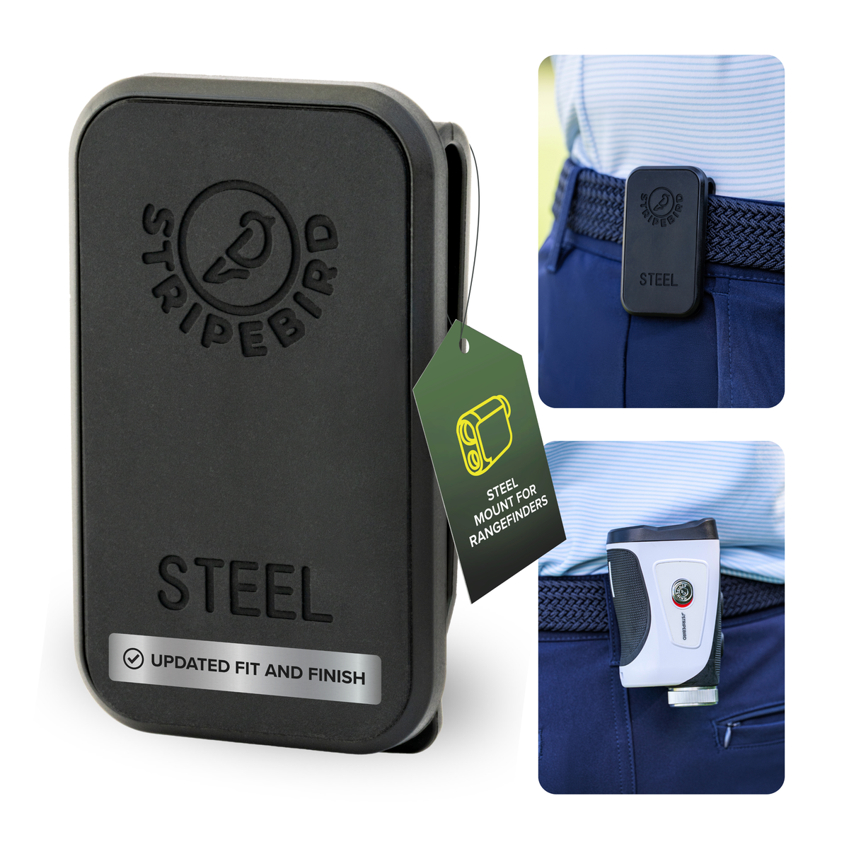 2.0 Steel Belt Mount in black, front view with updated fit and finish, clipped to a golfer’s belt holding a rangefinder