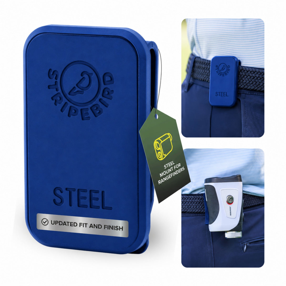 2.0 Steel Belt Mount in blue, front view, clipped to a golfer’s belt holding a rangefinder