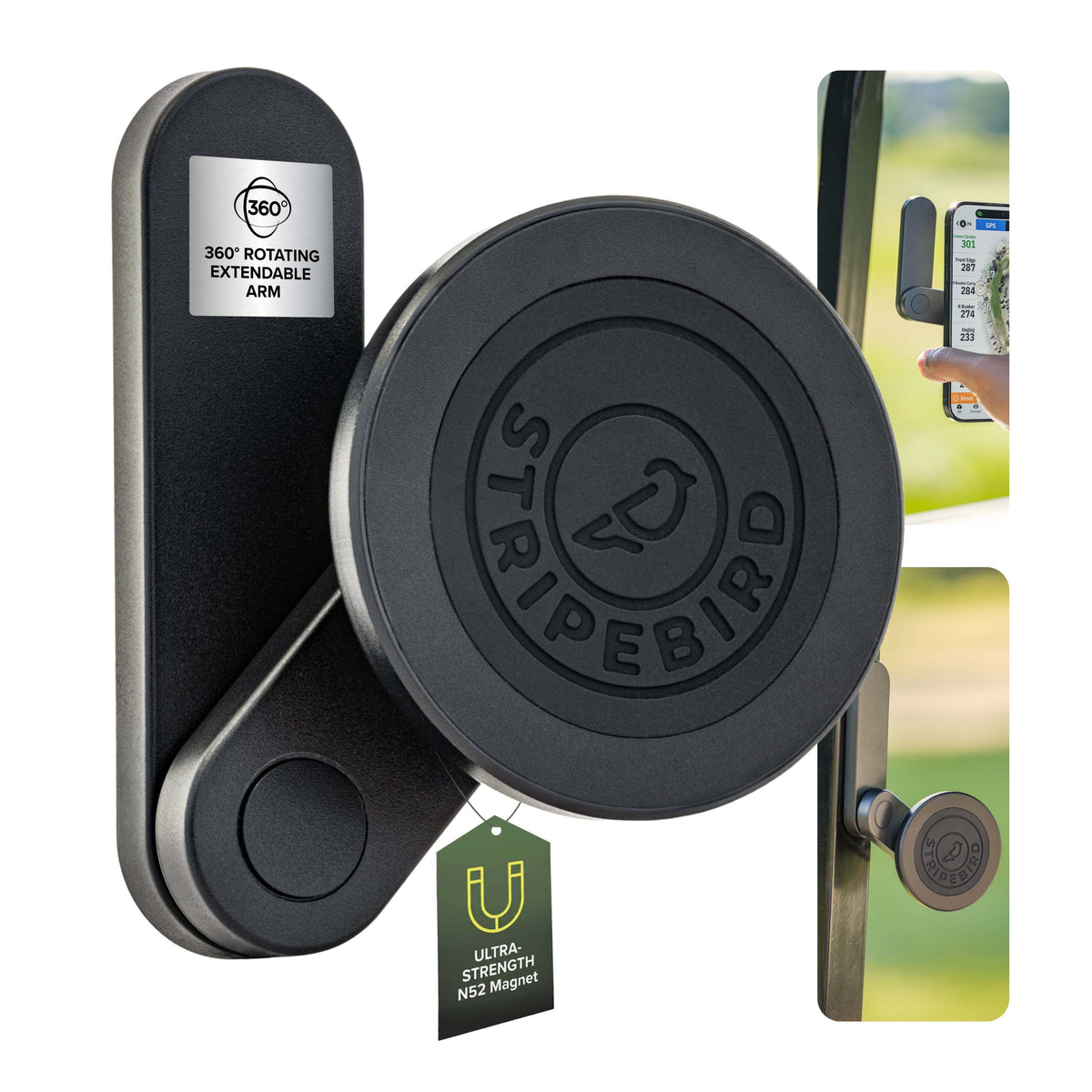 360 Magnetic Phone Holder in black with 360° rotating extendable arm, with phone mounted and swung out on a golf cart post
