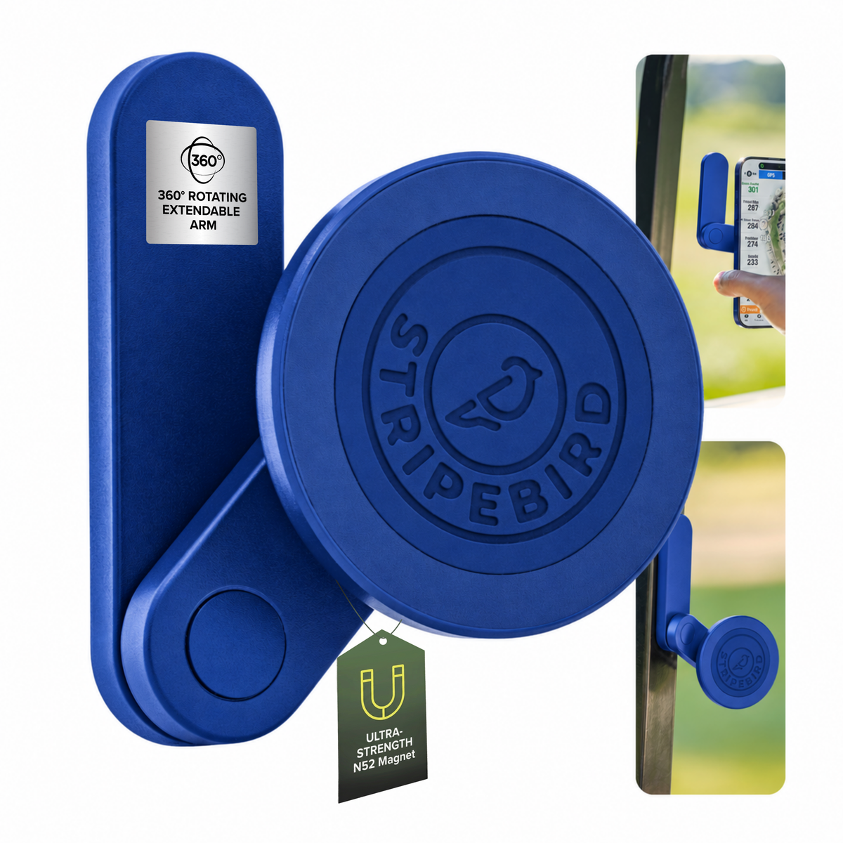 360 Magnetic Phone Holder in blue with rotating extendable arm, with phone mounted on a golf cart post