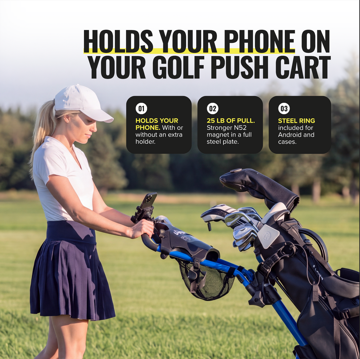 Golfer walking with a push cart, phone mounted on the 3.0 Magnetic Push Cart Mount; 25 lb pull, Steel Ring included