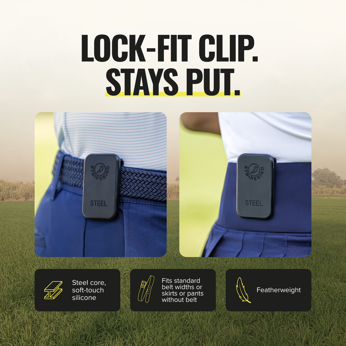 2.0 Steel Belt Mount clip detail on a belt; steel core, soft-touch silicone, fits standard belt widths