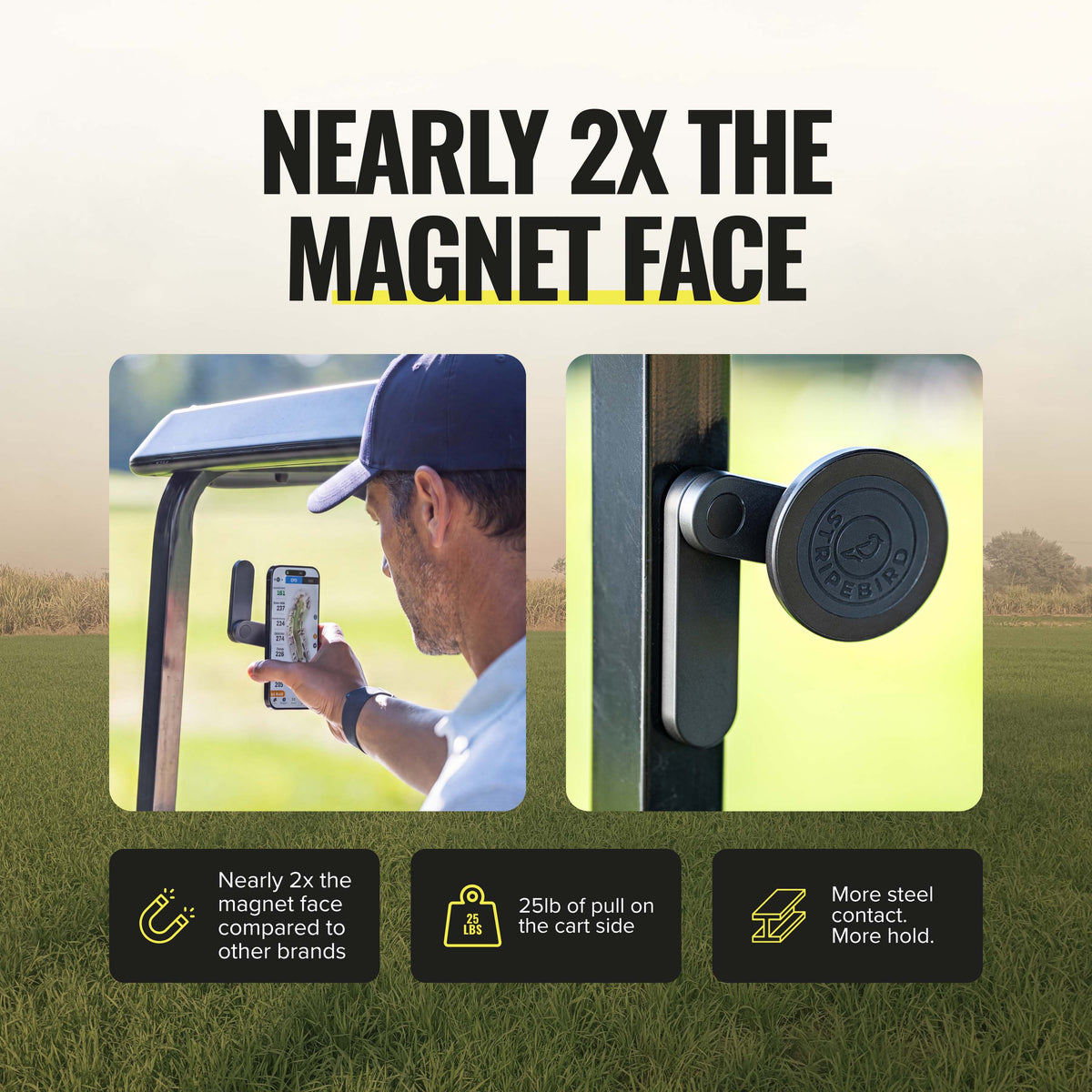 360 Magnetic Phone Holder cart-side magnet compared with a typical mount; nearly twice the steel contact area, 25 lb pull