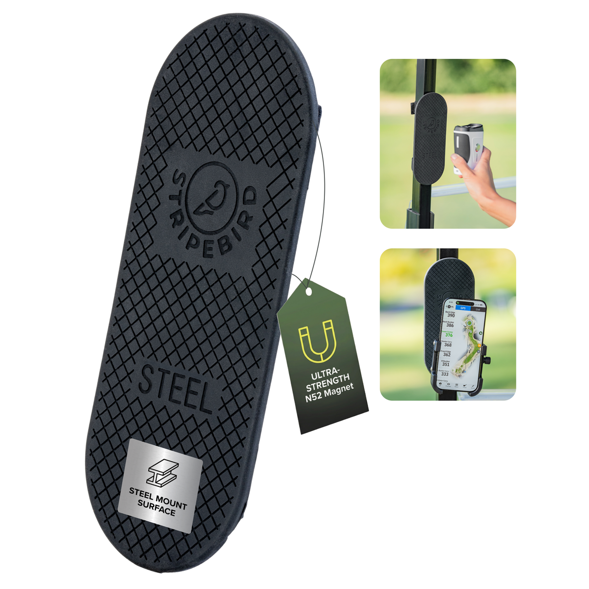 Steel Golf Cart Hub in black, front view of the steel mount surface with silicone grip, strapped to a golf cart post holding a rangefinder and phone