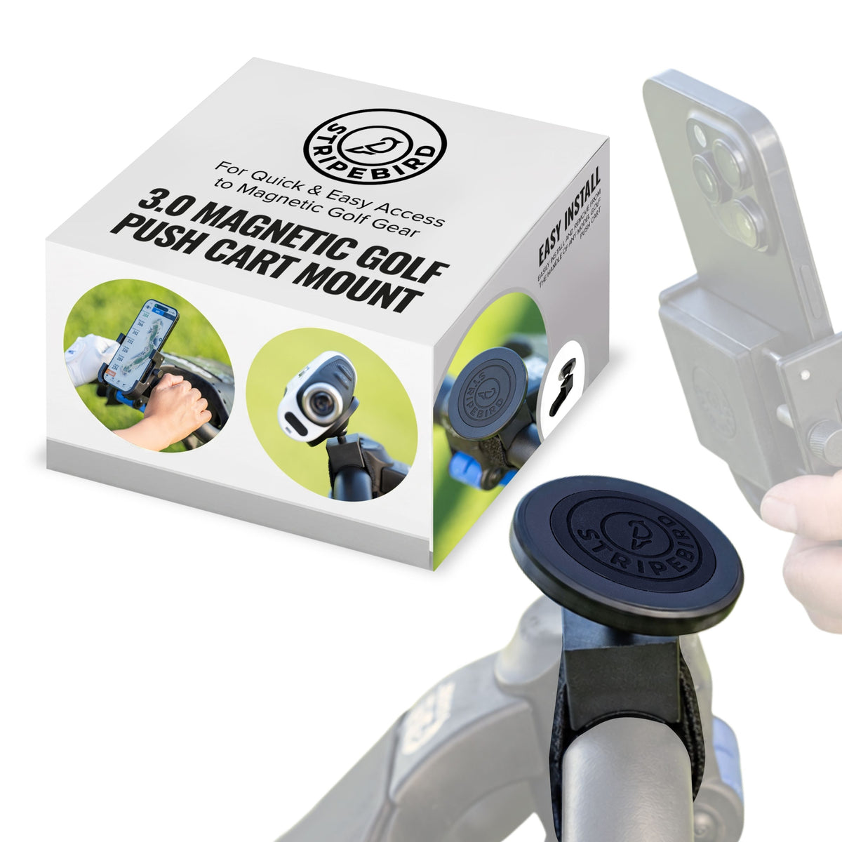 3.0 Magnetic Push Cart Mount in black with retail box, strapped to a push cart handle holding a phone