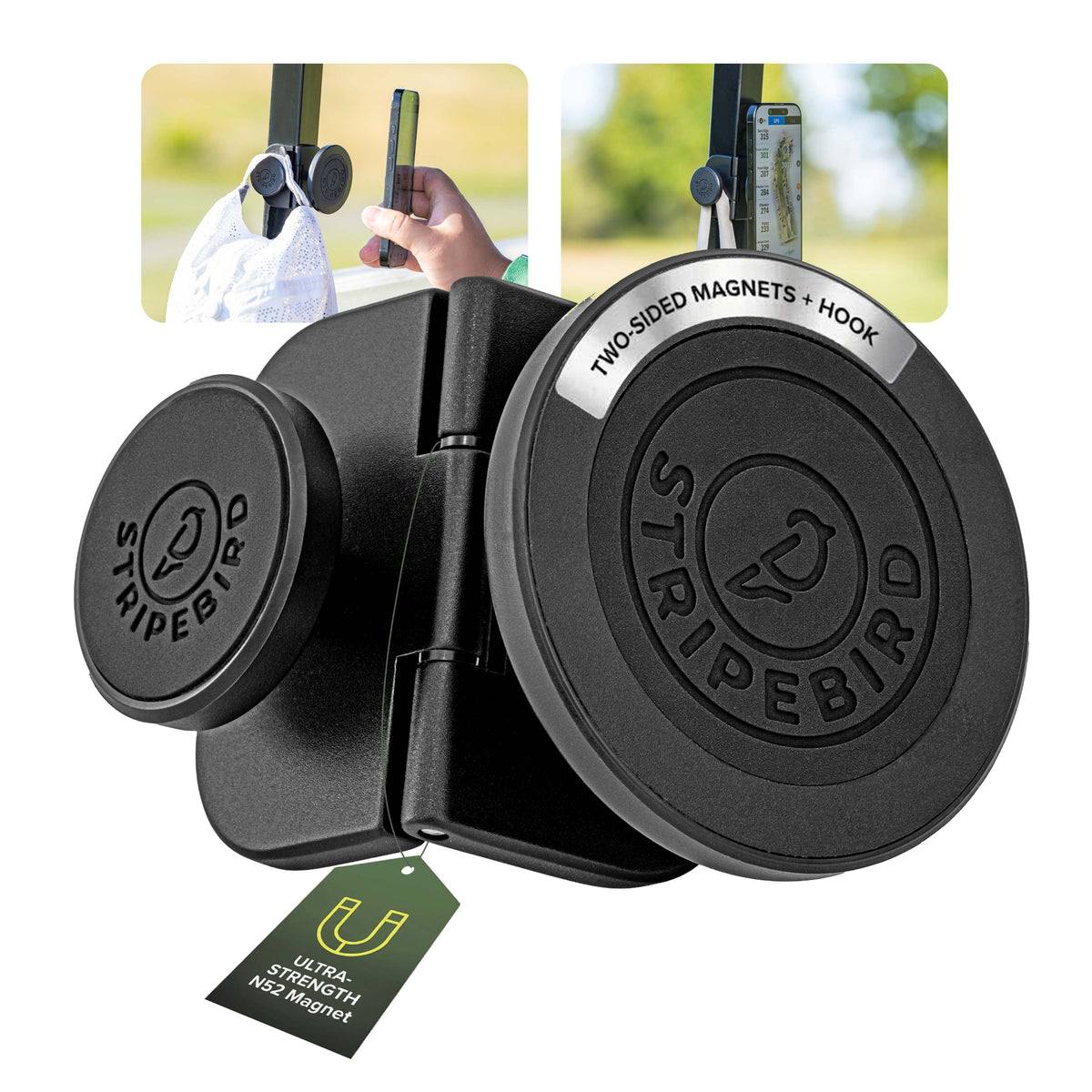 FOLD Magnetic Phone Holder in black, folded open showing the two-sided N52 magnets and hook, with phone mounted on a golf cart post
