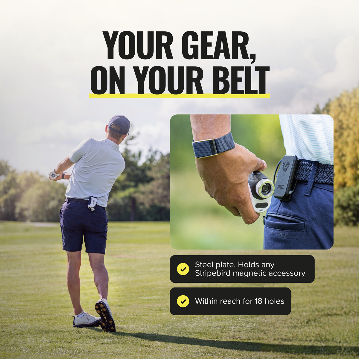Golfer mid-swing with a rangefinder held on the 2.0 Steel Belt Mount; within reach for 18 holes