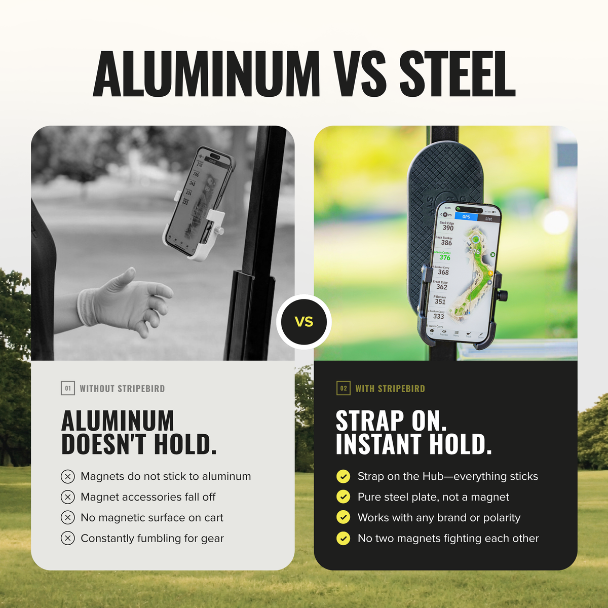 Comparison: magnet sliding off a bare aluminum golf cart post versus holding firm on the Steel Golf Cart Hub