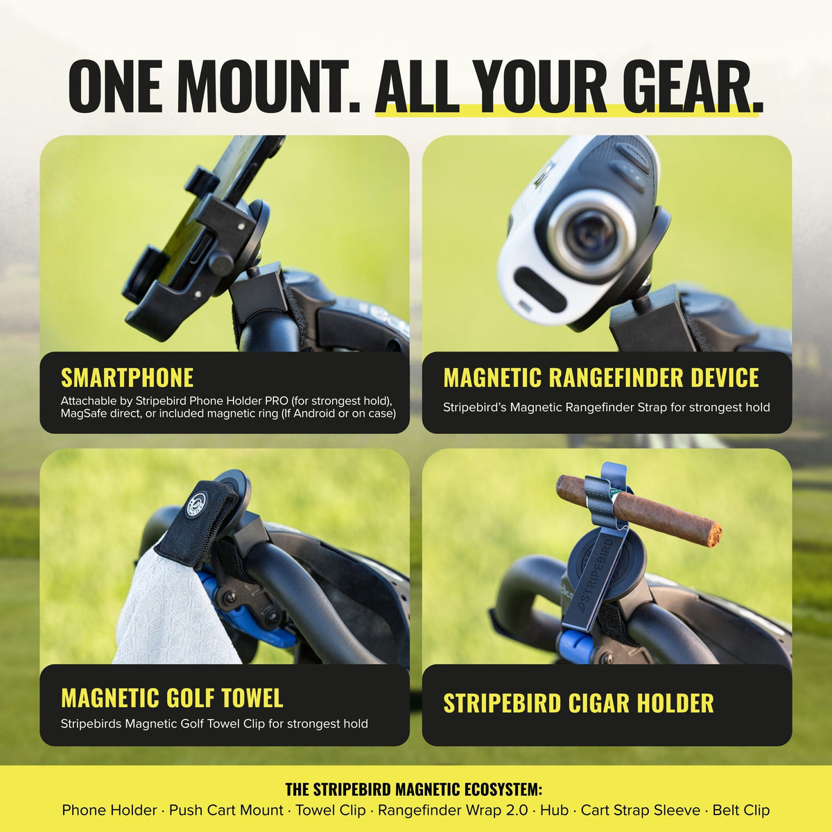3.0 Magnetic Push Cart Mount holding a smartphone, magnetic rangefinder wrap, magnetic golf towel and cigar holder