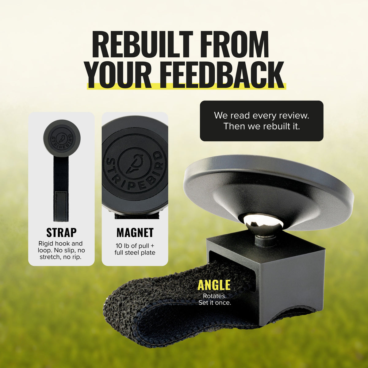 3.0 Magnetic Push Cart Mount components: rigid strap, 10 lb N52 magnet and adjustable angle base, redesigned from customer reviews