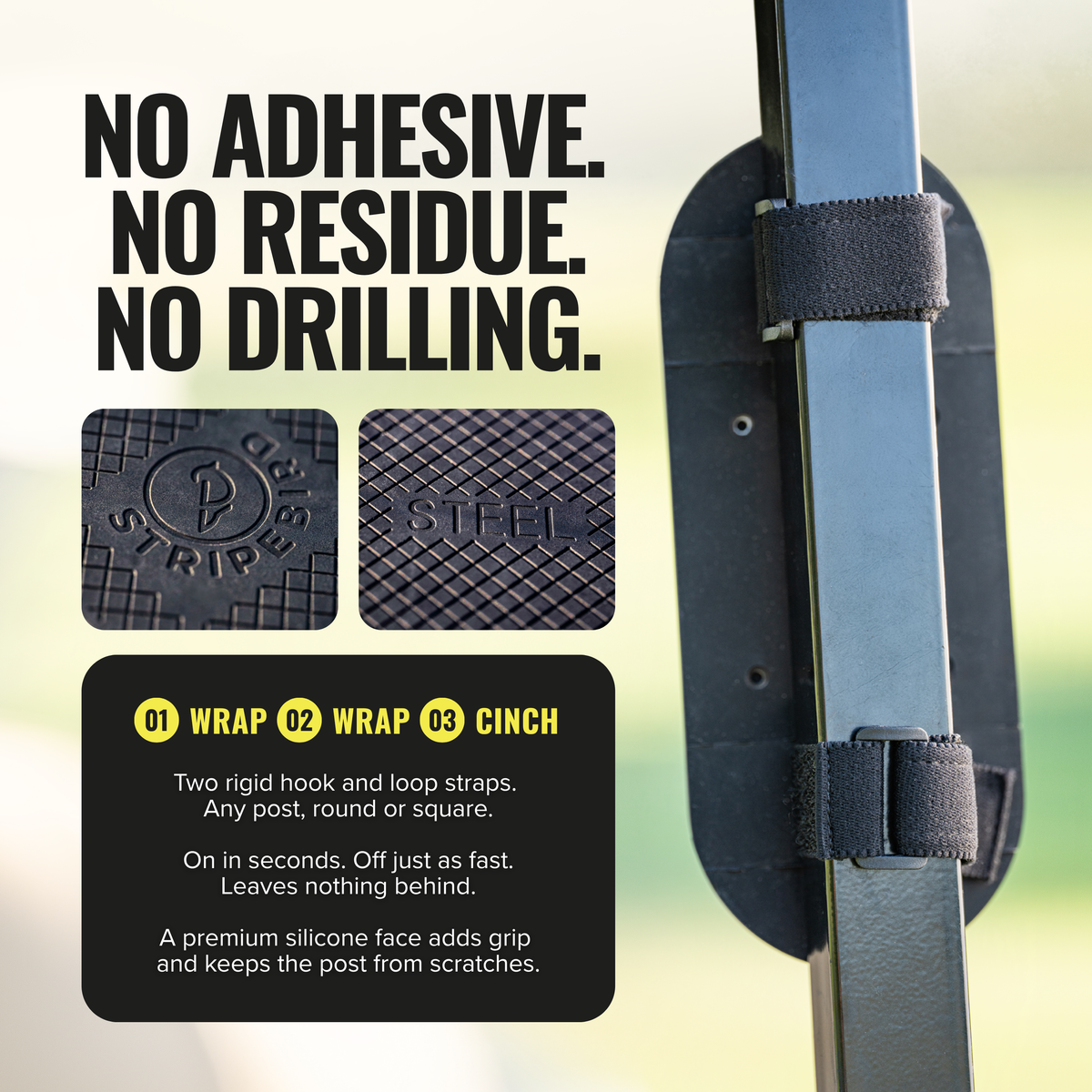 Steel Golf Cart Hub strap installation on a golf cart post: wrap, wrap, cinch; fits any post, round or square