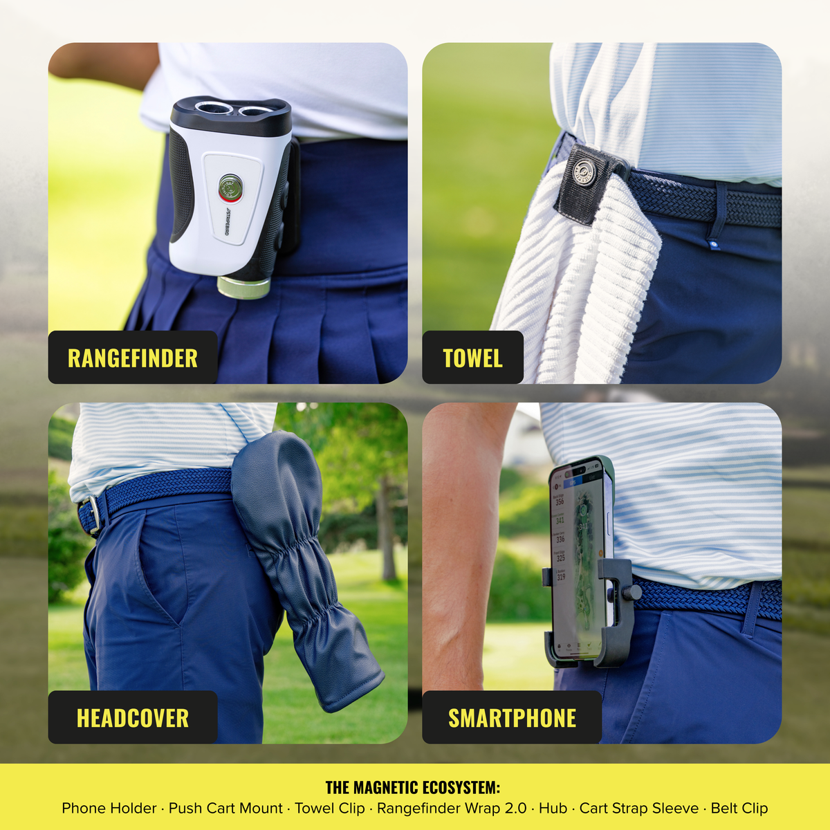 2.0 Steel Belt Mount holding a rangefinder, golf towel, driver headcover and phone on a golfer’s belt