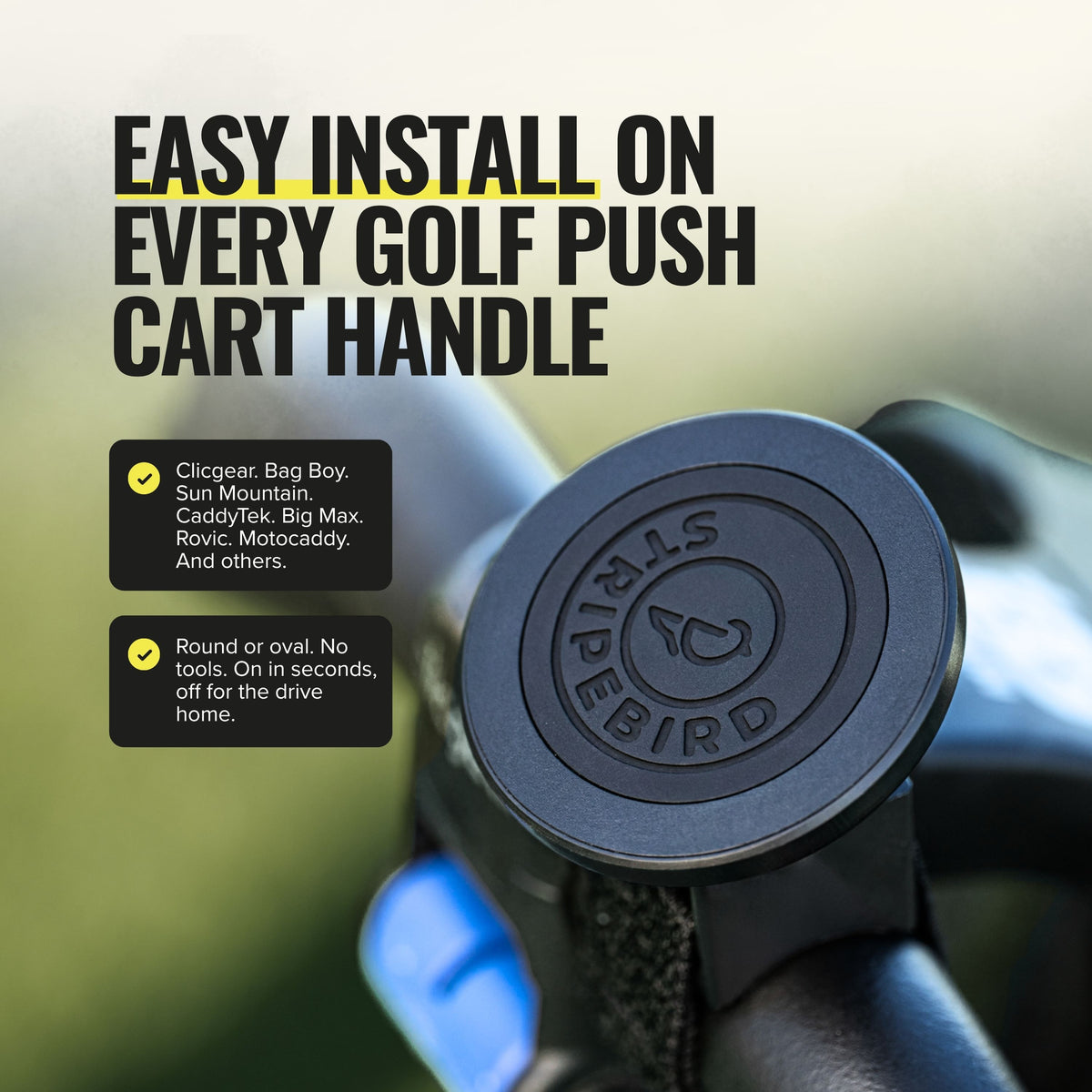 3.0 Magnetic Push Cart Mount strapped to a round push cart handle with the magnet face visible