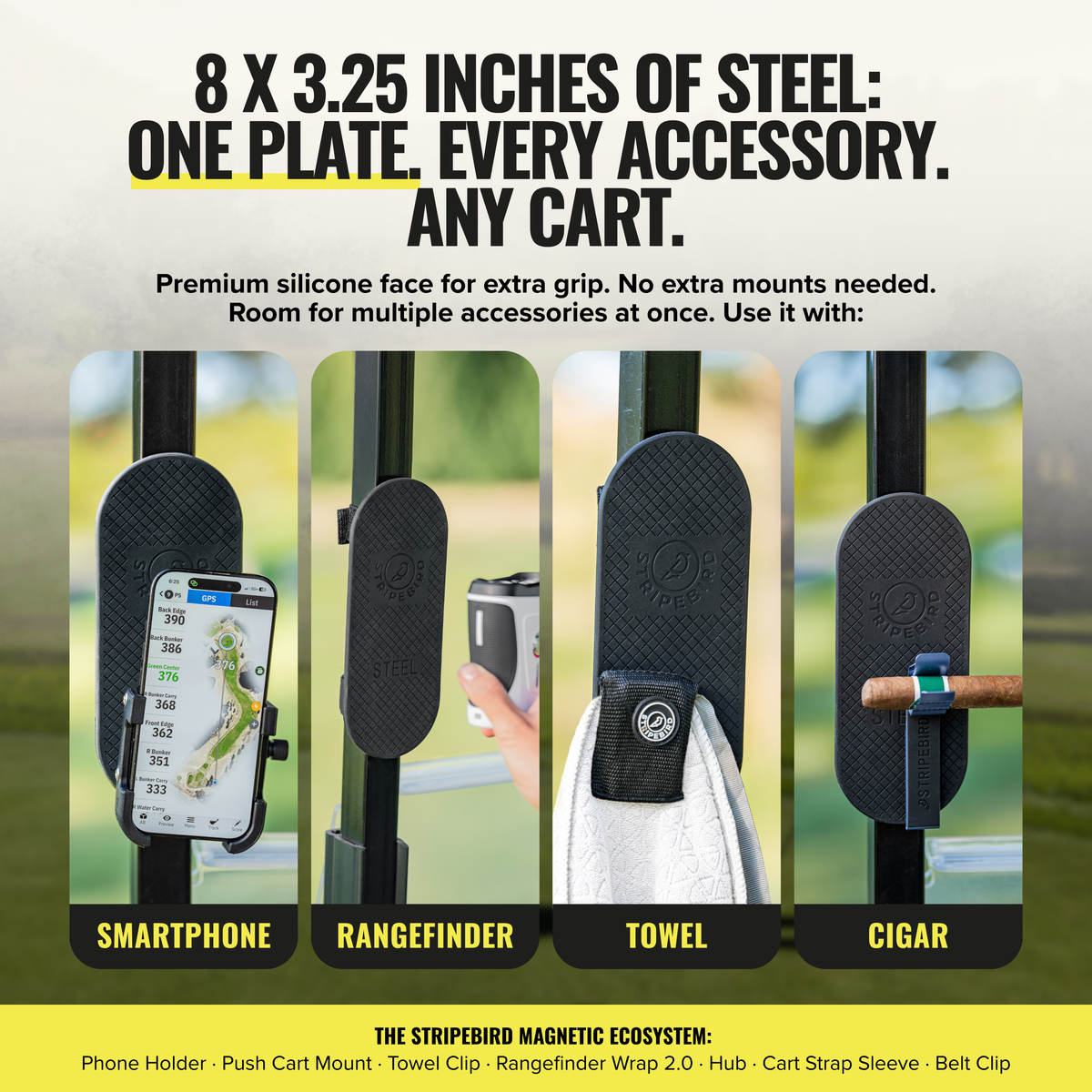 Steel Golf Cart Hub holding a smartphone, rangefinder, towel and cigar holder on a golf cart post