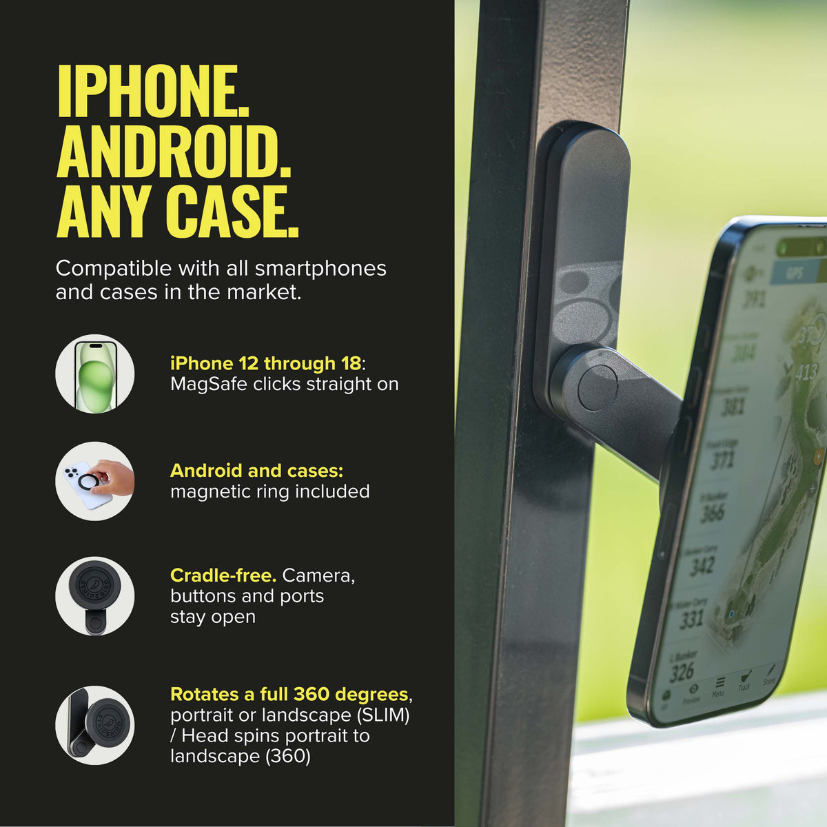 360 Magnetic Phone Holder compatibility infographic: MagSafe iPhones, Android with included Steel Ring, cradle-free design
