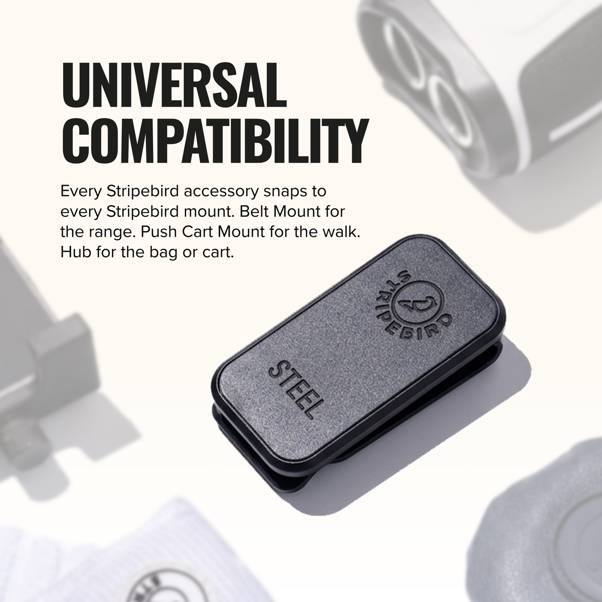 2.0 Steel Belt Mount on white; every Stripebird magnetic accessory snaps to every Stripebird steel mount